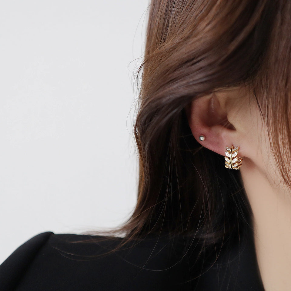 14k Gold Crystal Leaves Buckle Earrings