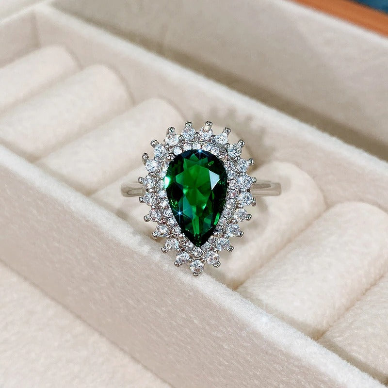 Green Pear-shaped Crystal Ring Noble Vintage Style Accessories Gorgeous Gift