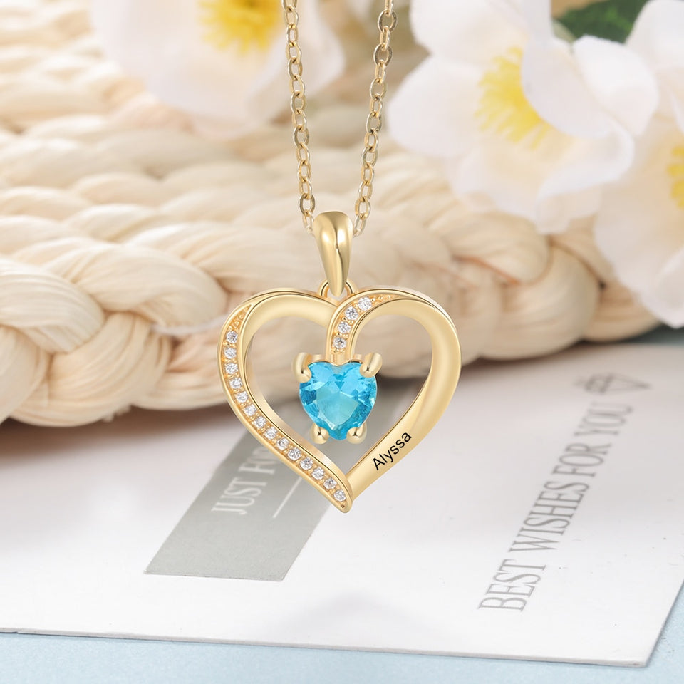 Customize Birthstone Name Silver Heart Necklace
