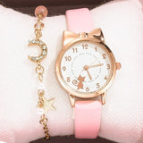 Leather Strap Quartz Watch and Bracelet  for Student Girls