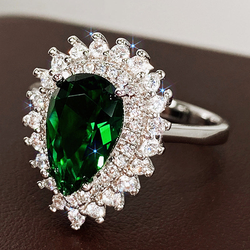 Green Pear-shaped Crystal Ring Noble Vintage Style Accessories Gorgeous Gift