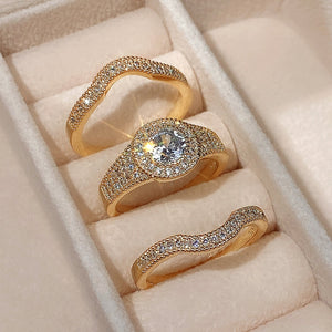 3Pcs/Set Exquisite Rings Gold Color Brilliant Gift